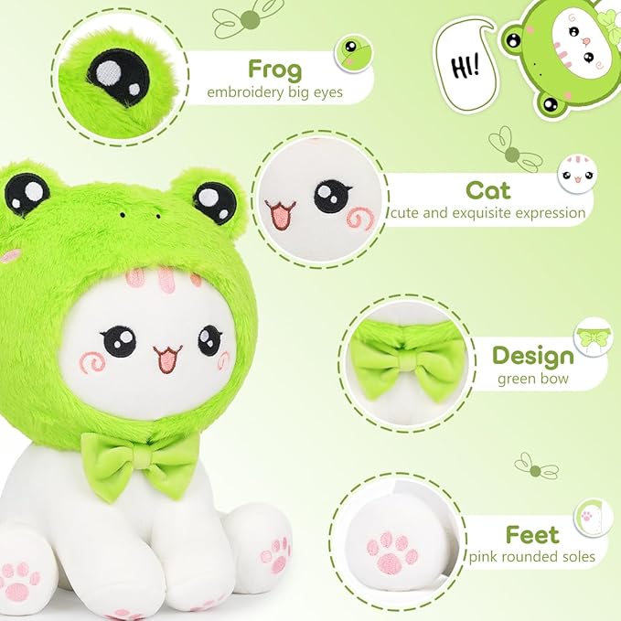 Cute Frog Cat Plush Toy 10" Kawaii Kitten Stuffed Animal, Cat Froggy Plushie Pillow Gift for Kids