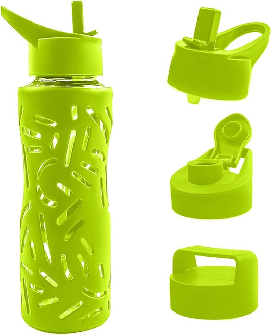 Top&Top 25oz Glass Water Bottles with Straw Cap – Wide Mouth Sports Water Bottles with Protective Silicone Sleeve + 3 Reusable Different Leak-Proof Lids (BPA Free) for Fitness and Outdoor (Yellow)