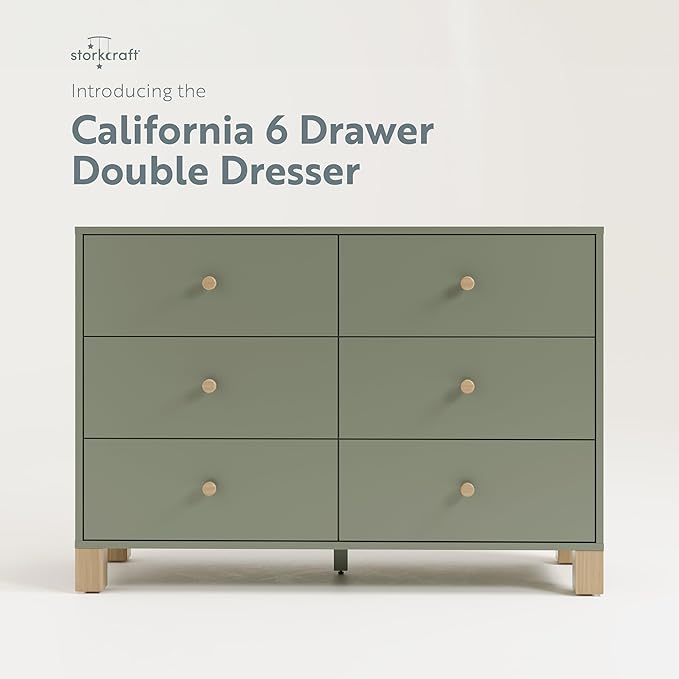Storkcraft California 6-Drawer Double Dresser (Olive with Driftwood) - GREENGUARD Gold Certified, Interlocking Drawer System, Dresser Drawer Organizer for Kids Bedroom