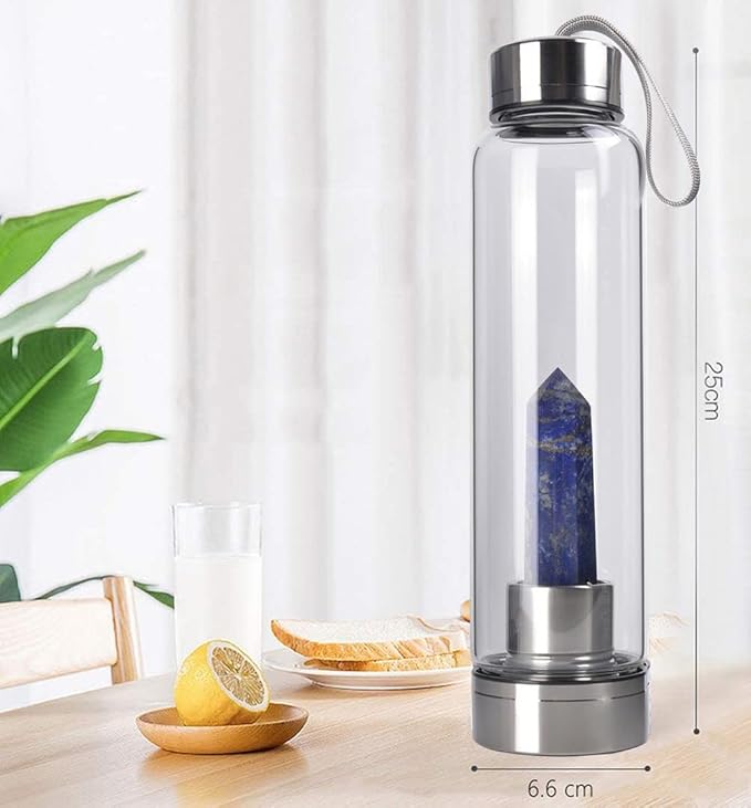 Crystal Glass Water Bottle Energy Quartz Gemstone Water Bottle with Changeable Natural Crystal Center for Healing and Wellness Lapis Lazuli