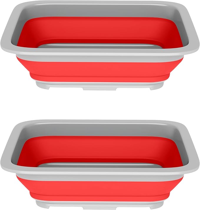 Set of 2 Multipurpose Wash Bins – 10-Liter Basins for Camping, Parties, or Cleaning – Collapsible Bucket Set by Wakeman (Red)