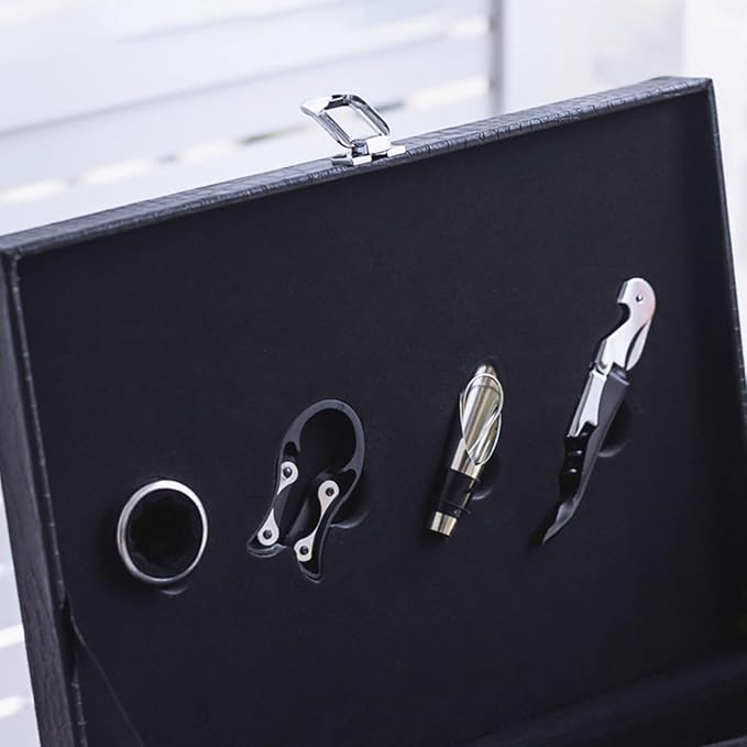 TANG SONG Leather Double Bottle Wine Gift Box with 4 Wine Accessories Wine Bottle Storage whit Locking Latch (Black)