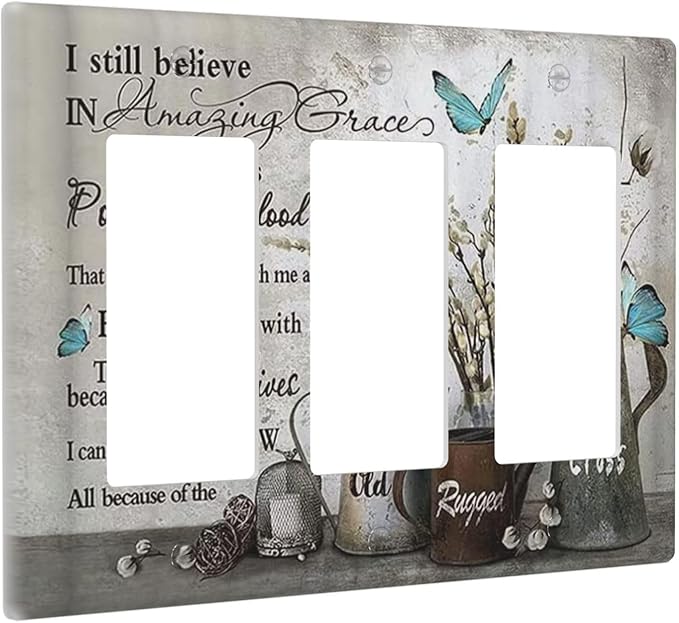 Blue Butterfly Rustic Flower Inspirational Quotes 3 Gang Rocker Light Switch Covers Triple Outlet Wall Plate Decorative Switchplate Cover Faceplate GFCI for Farmhouse Country Bedroom Kitchen Decor