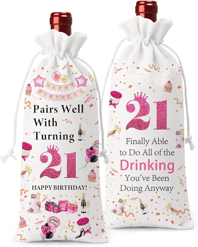 21st Birthday Gifts for Her Him Wine Bag, 21 Year Old Birthday Gifts for Her, Happy 21st Birthday Party Decorations for Her Him, Pairs Well with Turning 21 Wine Bags (White Pink)