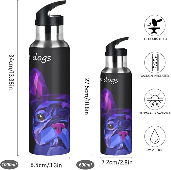 ALAZA Dog Cute Pet Animal Bulldog Water Bottle With Straw Lids Boys Girls,Vacuum Insulated Leakproof Stainless-Steel Sports Bottle Thermal Flask For Gym Yoga Camping,20Oz (600Ml)