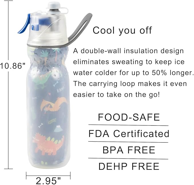 Misting Water Bottle 20 oz Dinosaur Sports Water Bottle for Kids School Gifts for Boys Girls Insulated Spray Mist and Sip Water Bottles