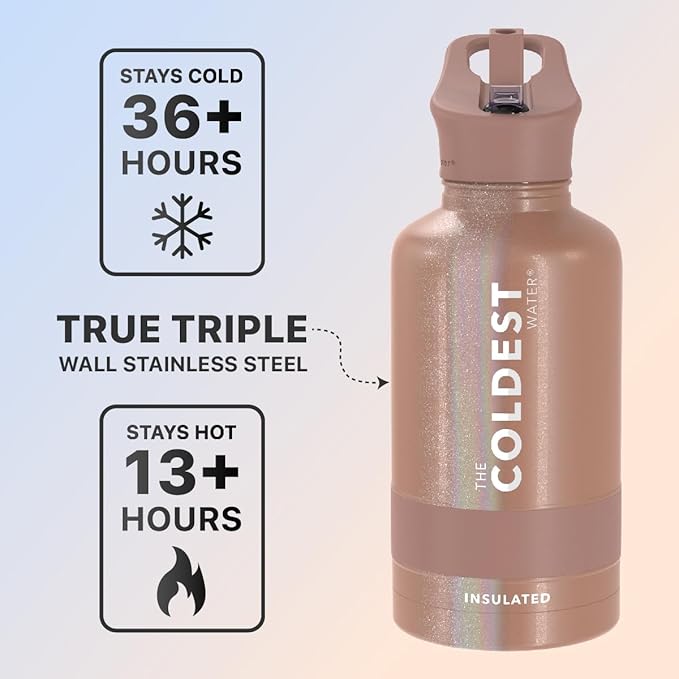 Coldest Sports Water Bottle with Straw Lid Vacuum Insulated Stainless Steel Metal Bottles Leak Proof Flask for Sports Gym (64 oz, Golden Rose Glitter)