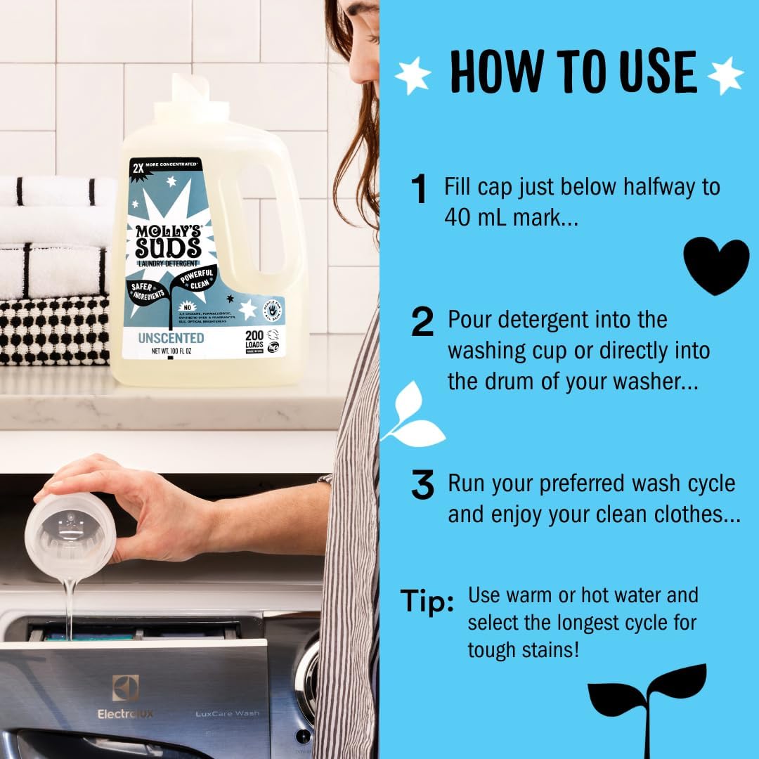 Molly's Suds Liquid Laundry Detergent | Clean Laundry Detergent Soap for Sensitive Skin | 2x Concentrated, High Efficiency (HE) (Peppermint - 200 Loads)