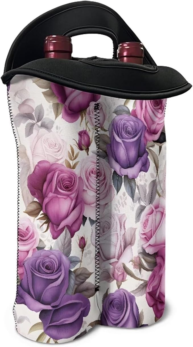 doginthehole 2 Bottle Wine Carrier Bag, Retro Purple Pink Rose Pattern Neoprene Wine Tote Bag with Handle, for Travel, Wine Tasting Party, Champagne/Beer/Drinks Carriers Bag for Wine Lover