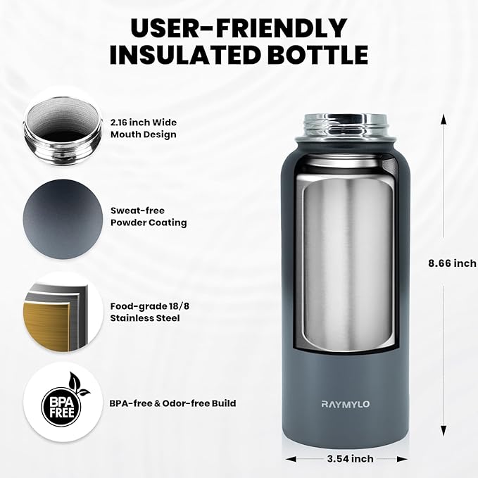 Insulated Water Bottle 40 oz, Triple Wall Vacuum Stainless Steel (Cold for 48 Hrs), Leak Proof & Non-BPA, Modern Water Flask Jug with Paracord Handle & Straw Spout Lids, Dark Grey
