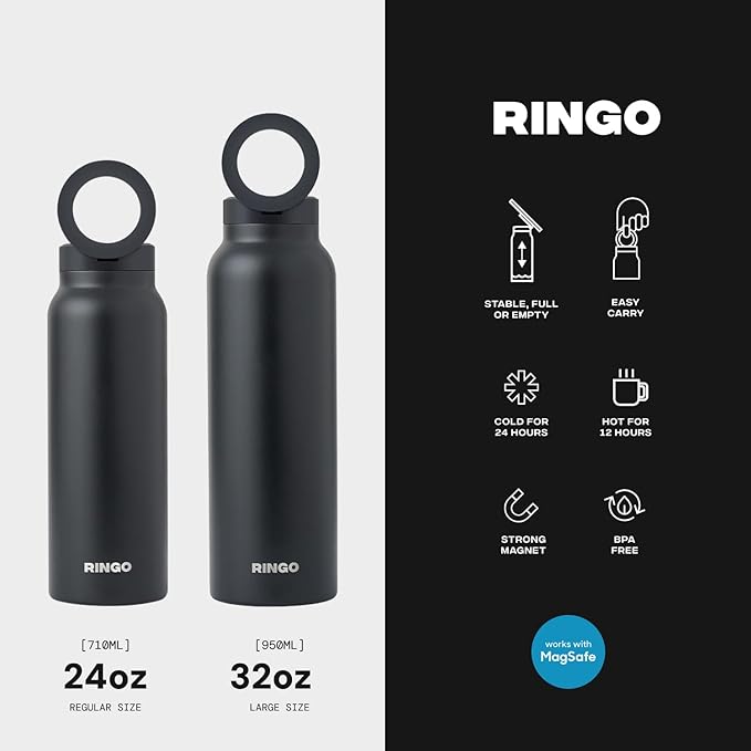 Ringo Insulated Water Bottle - Compatible MagSafe Water Bottle w/Phone Holder - Stainless Steel School Water Bottle w/Magnetic Phone Mount for Kids & Adult-Hot 12H, Cold 24H 360° Rotate - Black 32oz