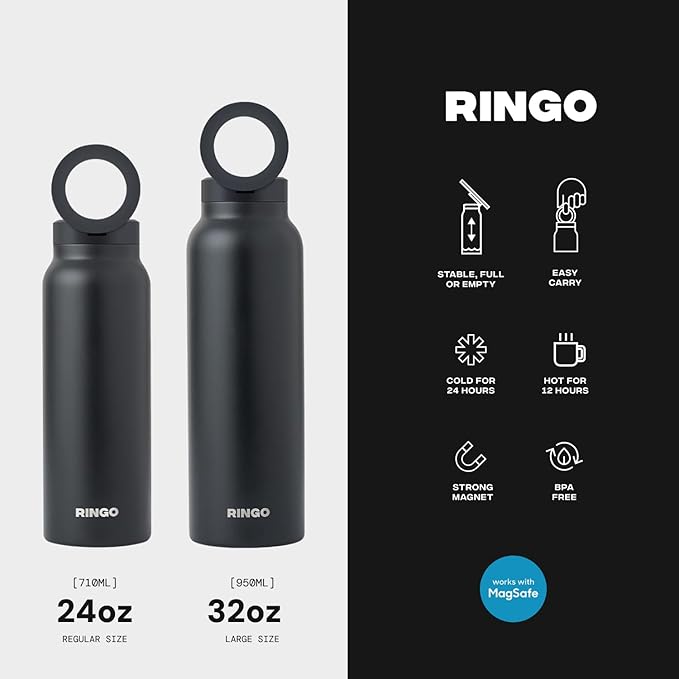 Ringo Insulated Water Bottle - Compatible MagSafe Water Bottle w/Phone Holder - Stainless Steel School Water Bottle w/Magnetic Phone Mount for Kids & Adult-Hot 12H, Cold 24H 360° Rotate - Black 24oz