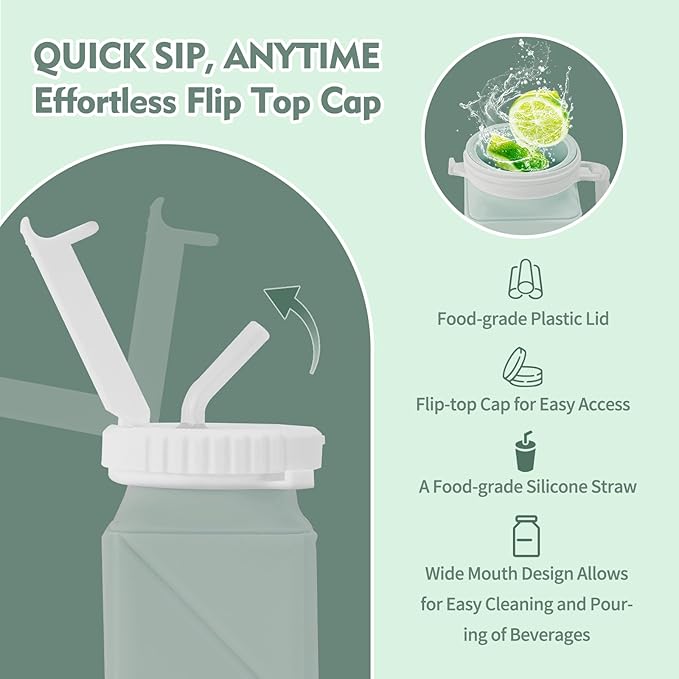 20 oz Water Bottle Collapsible | BPA Free Leakproof Lightweight Foldable Silicon Water Bottles | Twistable Water Cup | for Travel Gym Hiking Outdoor Camping Running Cycling Sports (Green)