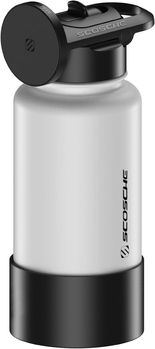 Scosche MFMS32 MagicMount Flask 32oz Stainless Steel Hot & Cold Insulated Sport Water Bottle w/Magnetic Mount Tripod Phone Stand Compatible w/MagSafe iPhone for Cup Holder/Gym/Men/Women/Travel/White