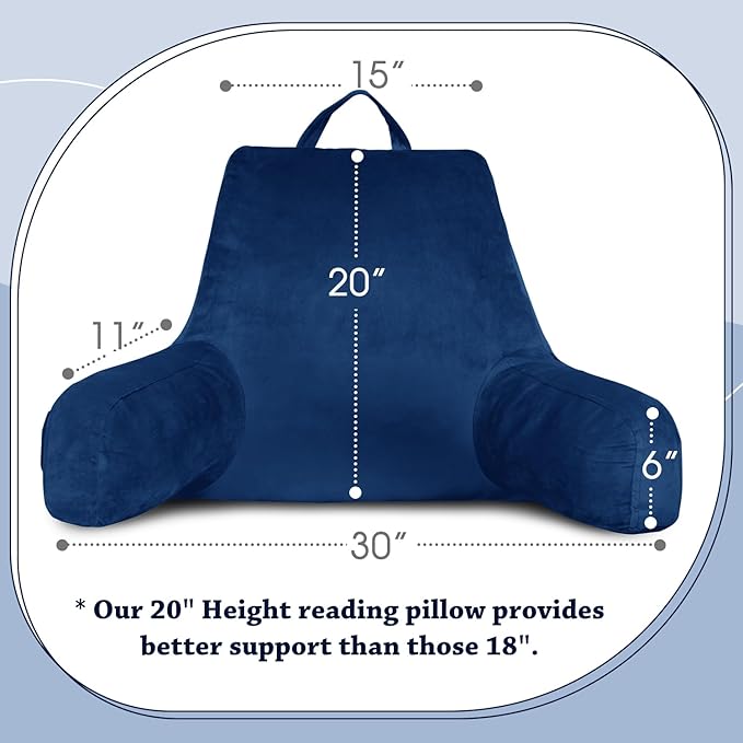 LOVTEX Reading Pillow with Removable Cover, Back Pillow for Sitting Up in Bed with Arms and Pockets, Bed Rest Pillow Adult, 20 x 15 Inches(Navy Blue)