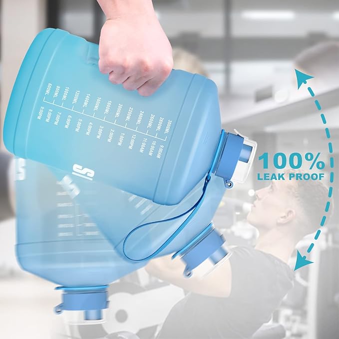 Gallon Big Water Bottle with Handle, 128oz Leakproof BPA Free Fitness Sports Water Bottle with Motivational Time Marker & Wide Mouth Ensure You Drink More Water