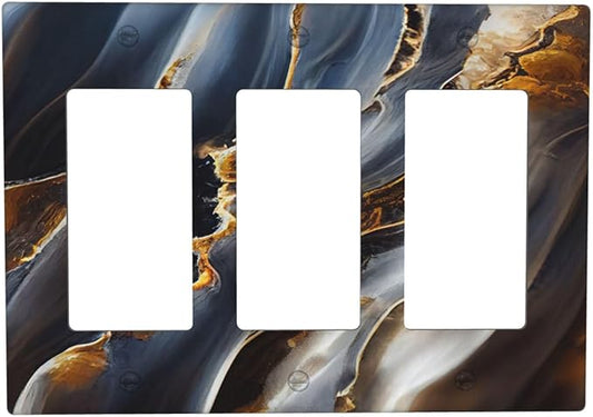 Gradient Abstract Ripple Blue Gold Marble Printed 3 Gang Rocker Light Switch Covers Triple Outlet Wall Plate Decorative Switchplate Cover Faceplate GFCI for Kitchen Bathroom Bedroom Decor