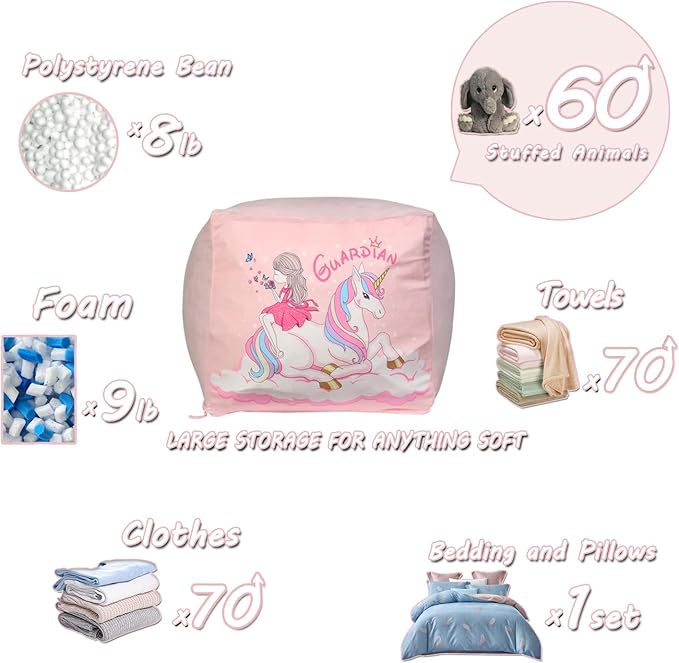 Unicorn Bean Bag Chairs for Girls Room Decor, Stuffed Animal Storage Pink, Gifts for Girls, Extra Large, Velvet Extra Soft Cover Only
