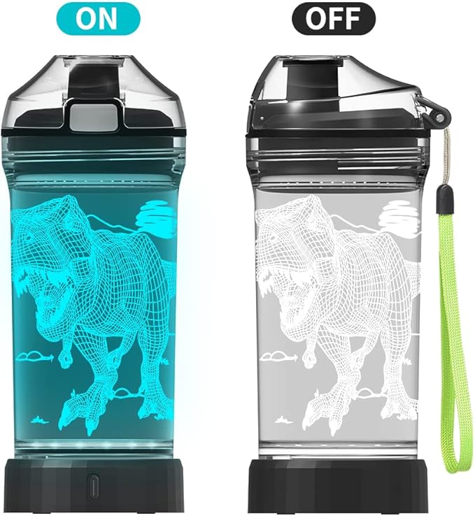 Boy Water Bottles for School, Cool Velociraptor Dinosaur Night Light for Room Decor, Tritan BPA Free Travel Cup for Back to School Girls Child Holiday Camping Picnic - 14 Oz