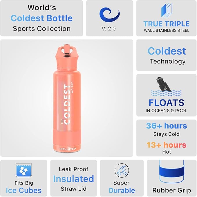 Coldest Sports Water Bottle with Straw Lid Vacuum Insulated Stainless Steel Metal Thermos Bottles Reusable Leak Proof Flask for Sports Gym (40 oz, Pink Froze Glitter)