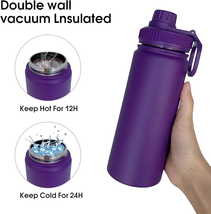 18oz Insulated Water Bottle ，Stainless Steel Sports Water Cup Flask with 2 Lids, Wide Mouth Travel Thermal Mug,Outdoor Sports Bottle（Purple）