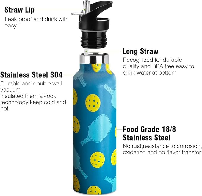 Pickleball Sport Water Bottle with Straw, Vacuum Insulated Stainless Steel Thermal Drinking Travel Mug Cups For Gym Fitness Camping-20oz/600ml