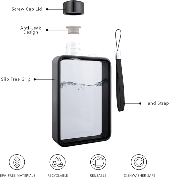 Flat Water Bottle, Portable A5 Water Bottle, 13oz Flat Travel Flask for Camping Fitness Gym (Black)