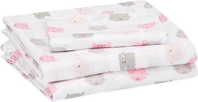 Amazon Basics Kid's Soft, Easy-Wash Microfiber 3-Piece Sheet Set, Twin, Peony Pink Kitties, Animal Print
