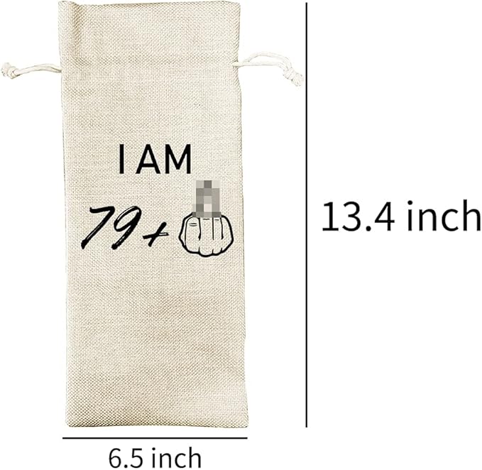 79 + 1 Middle Finger 80th Birthday Gift Wine Bags, Personalized Bday Gift Ideas for Men Women, 80th Birthday Party Decorations, Cotton Burlap Drawstring Wine Bag, Funny Gifts for Mom Dad Friends