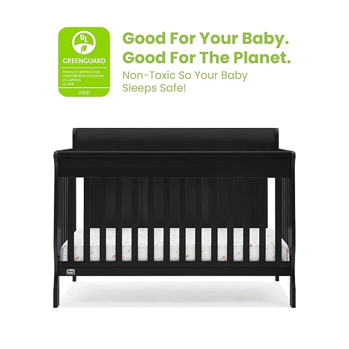 Delta Children Simmons Kids Carter 6-in-1 Convertible Crib - Greenguard Gold Certified, Black Ebony+ Quiet Nights Breathable Baby Bed Crib Mattress and Toddler Mattress (Bundle)