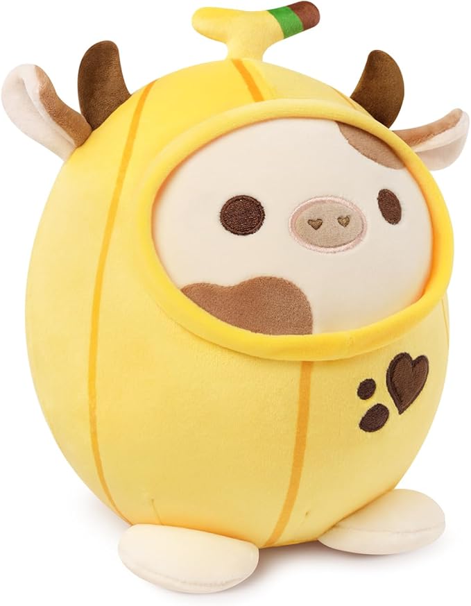 PEACH CAT Cute Banana Cow Plush Pillow Banana Cow Stuffed Animal Cow plushie with Banana Outerwear for Kids Yellow 12"