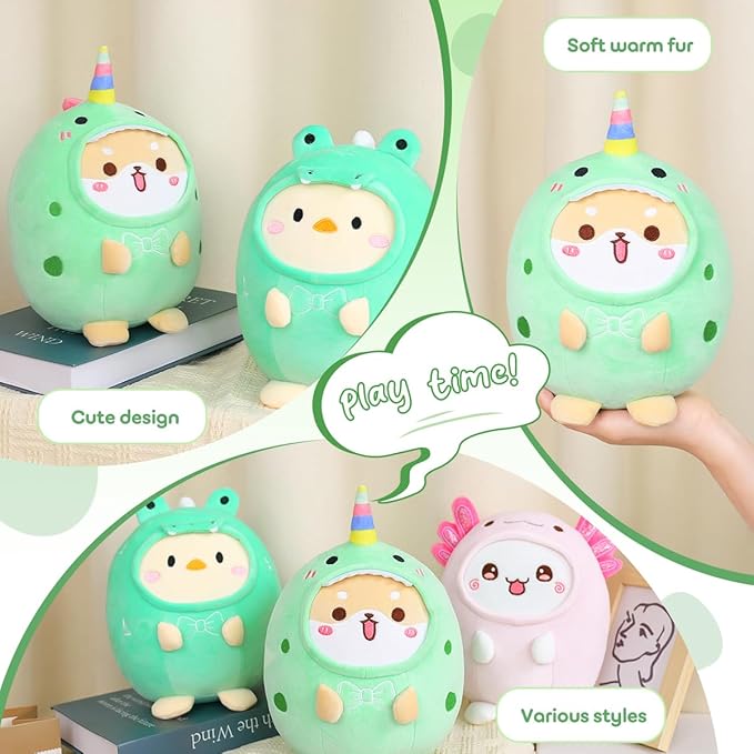 Cute Plush Shiba Inu Dinosaur Stuffed Animal Pillow, 8" Soft Kawaii Akita Plushie with Dinosaur Outfit Gift for Kids