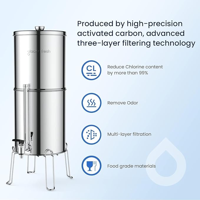 GLACIER FRESH Gravity-fed Water Filter System, Stainless Steel 3G Gravity Water Filter with 6 Filters, Metal Water Level Spigot, and Stand, for Home, Camping, and RVing