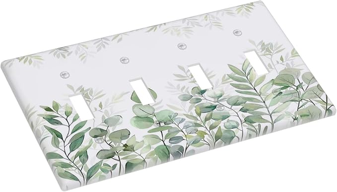Green Eucalyptus Rustic Botanical Plant Leaves Quad Toggle Boho Light Switch Covers Decorative 4 Gang Wall Plate Electrical Faceplate Switchplate for Country Bedroom Bathroom Decor