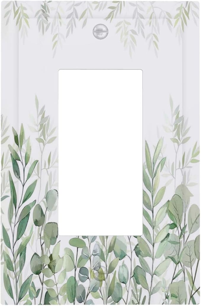 Green Eucalyptus Rustic Botanical Plant Leaves 1 Gang Rocker Boho Light Switch Covers Decorative Single Decora Outlet Wall Plate Faceplate Switchplate GFCI for Country Bedroom Bathroom Decor