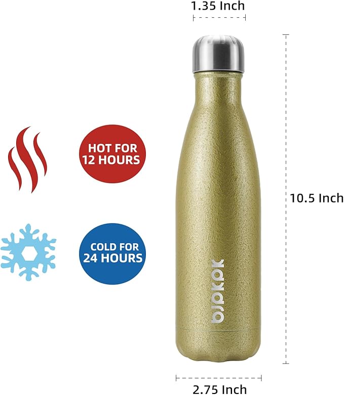 BJPKPK Insulated Water Bottles 17oz, Leak Proof Stainless Steel Water Bottle Keeps Cold for 24H and Hot for 12H, BPA Free Water Bottle,Gold