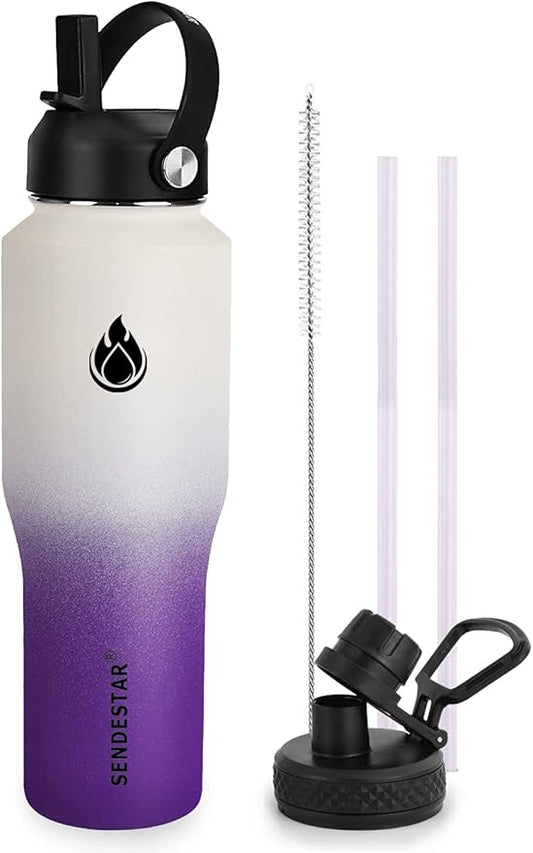 SENDESTAR Water Bottle 32oz,2 Lids(Straw lid),Wide Mouth Stainless Steel Vacuum Insulated Double Wall Keep Liquids Cold or Hot All Day,Sweat Proof Sport Design,Fit Car Cup Holder(White&Voilet)