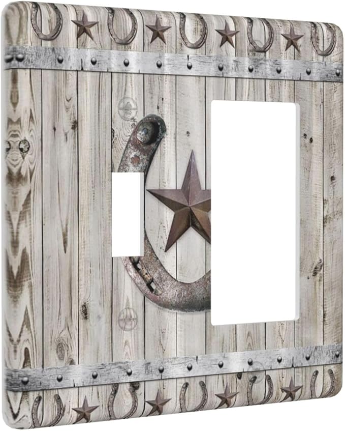 Rustic Western Wood Barn Door Horseshoe Iron Star 2 Gang Single Toggle Rocker Combination Light Switch Covers Wall Plate Cover Electrical Faceplate Decorative Switchplate for Farmhouse Bedroom