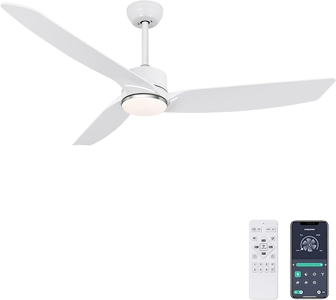 Ohniyou 56 Inch White Ceiling Fan with Lights, Modern 3 Blades Ceiling Fan with Remote/APP Control, Reversible DC Motor, Dimmable 3 CCT, Indoor Outdoor Ceiling Fan for Covered Patios Living Room