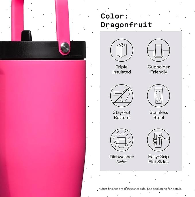 Corkcicle Go Cup XL Insulated Tumbler with Lid and Straw, Dragonfuit, 30 oz – Reusable Water Bottle Keeps Beverages Cold for 12hrs – Cupholder Friendly Tumbler, Leak-Proof Design