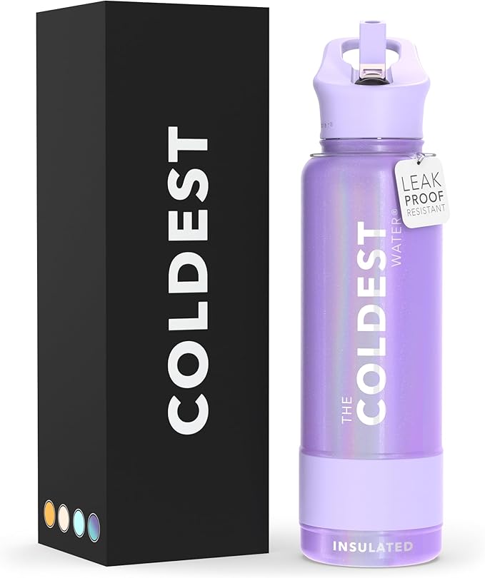Coldest Sports Water Bottle with Straw Lid Vacuum Insulated Stainless Steel Metal Thermos Bottles Reusable Leak Proof Flask for Sports Gym(40 oz, Saturn's Moon Purple Glitter)