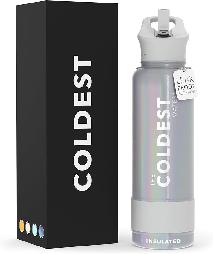 Coldest Sports Water Bottle with Straw Lid Vacuum Insulated Stainless Steel Metal Thermos Bottles Reusable Leak Proof Flask for Sports Gym (40 oz, Supernova Silver Glitter)