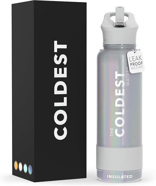 Coldest Sports Water Bottle with Straw Lid Vacuum Insulated Stainless Steel Metal Thermos Bottles Reusable Leak Proof Flask for Sports Gym (40 oz, Supernova Silver Glitter)