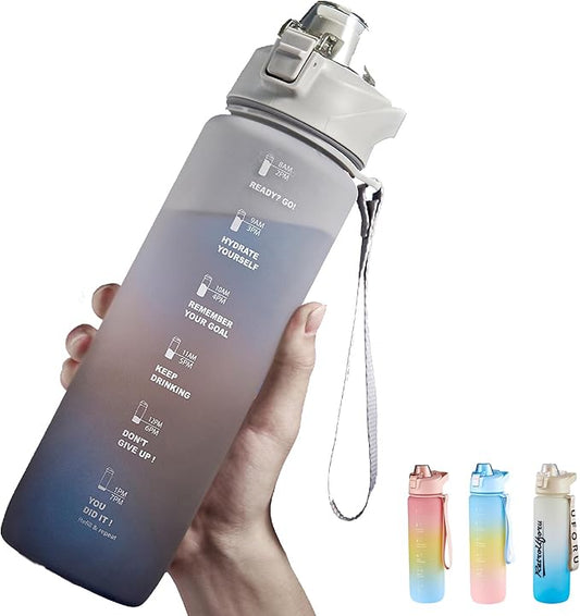 DEARART 32oz Grey Multicolor Water Bottle, Detachable Straw Wide Mouth Motivational & Time Marker with Handle Easy Carried, Suit Travel Office Yoga Gym School Work etc.