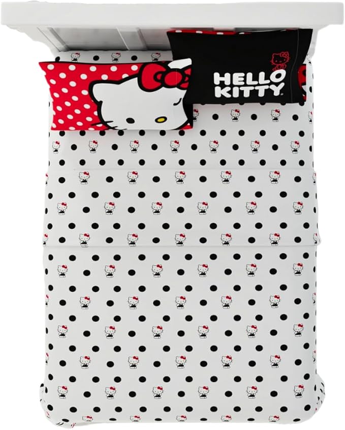Franco Collectibles Hello Kitty Polka Dot Bedding Super Soft Microfiber 4 Piece Full Sheet Set, (Officially Licensed Product)