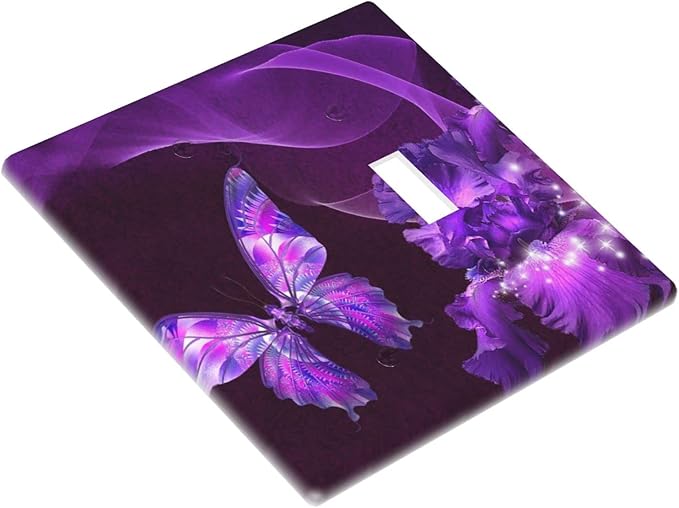 Purple Butterfly Flower Combo Single Blank 1 Single Toggle Light Switch Wall Plate Cover Decorative 2-Gang for Electrical Girls Room Bathroom Bedroom Home Kitchen One Receptacle 4.5" x 4.6"
