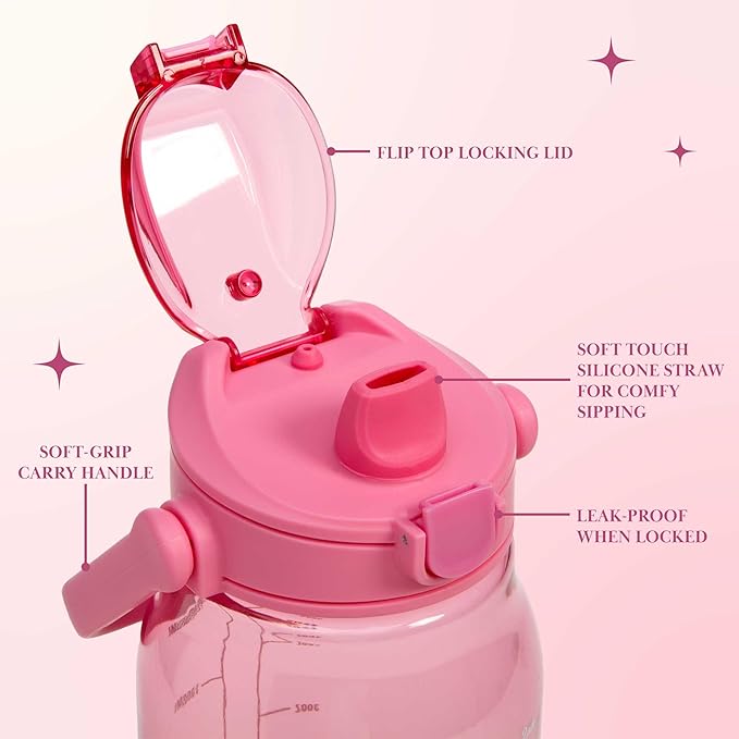 Paris Hilton Motivational Water Bottle with Straw and Leak-proof Flip-Top Lid, Motivational Time Markers, Carry Handle for Travel, Made without BPA, 50-Ounce, Pink