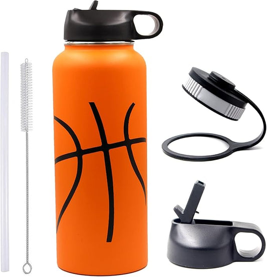 40 oz Basketball Water Bottle, Flask Sports with 2 Lids 18/8 Stainless Steel Travel Tumbler Double Wall Vacuum Insulated Hot/Cold Standard Metal Canteen (40oz, Basketball)
