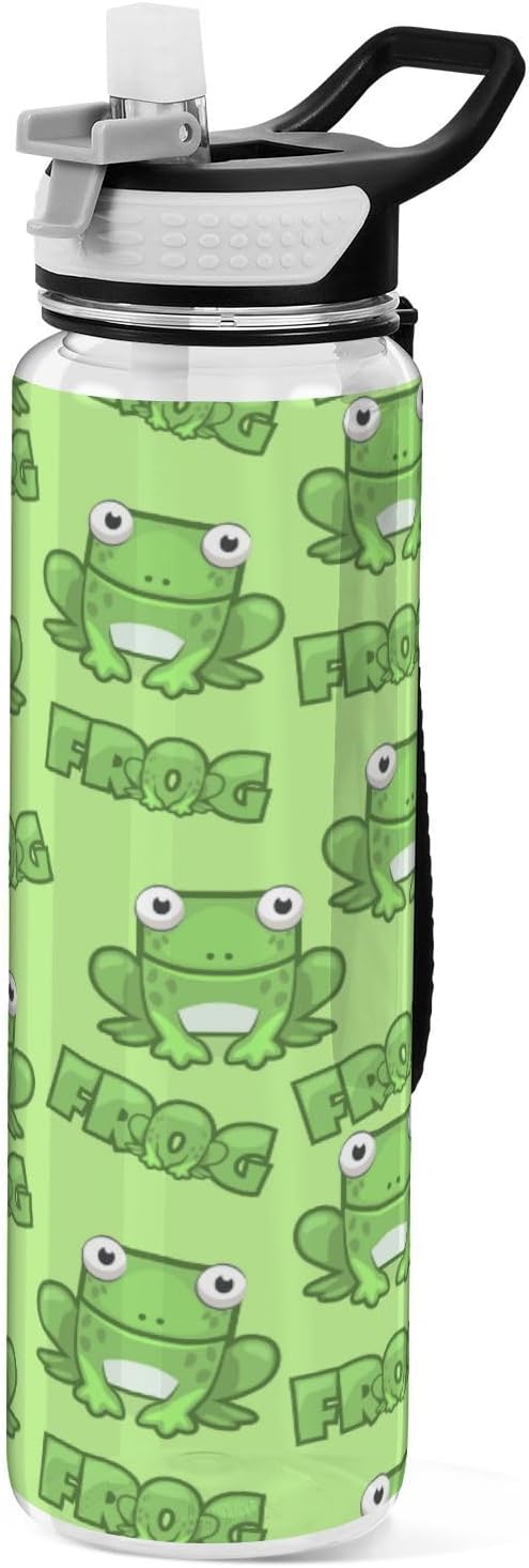 Water Bottle with Straw Kawaii Frogs Green Sports Bottles BPA-Free Tritan Water Jug with Carrying Strap for Women Men Gym Outdoor Sports