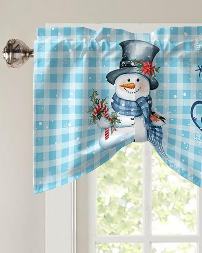Snowman Christmas Blackout Tie Up Valance Curtains for Kitchen Windows Let It Snow Winter Holiday Window Toppers Balloon Shades for Living Room/Bath/Bedroom,1 Panel, 42" X 18",Blue White Buffalo Plaid